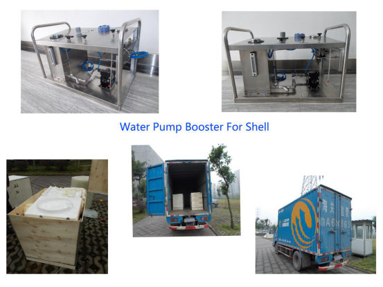 Two units of water booster pumps customized for Shell are packaged for shipping.
