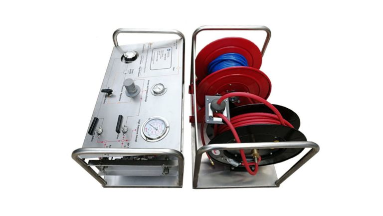 Hydro Test Pump with Hose Reel Skid
